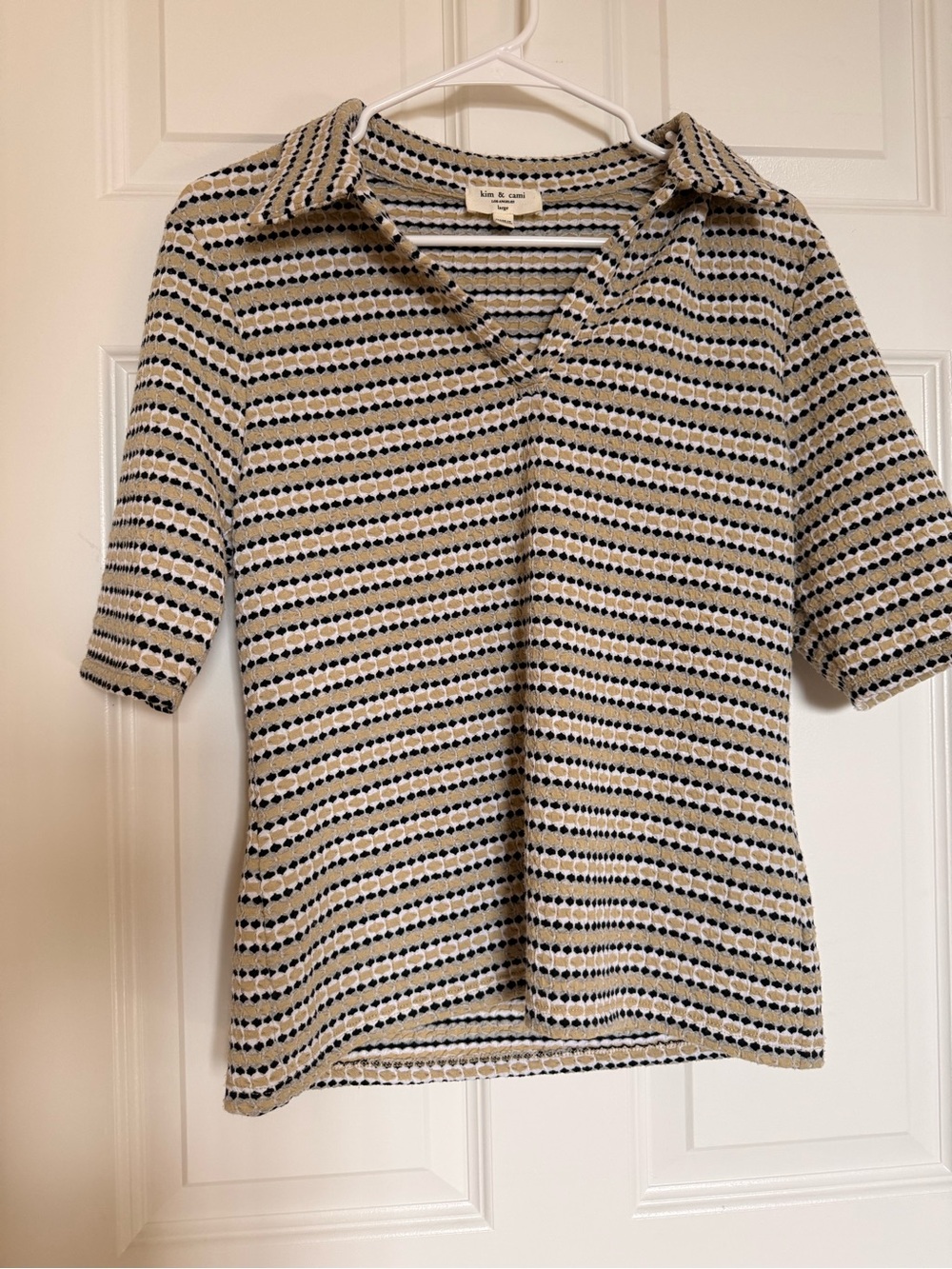 Cream and Navy Striped Polo Knit Top